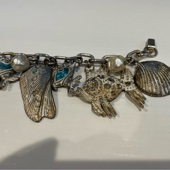 Vintage Charm Bracelet Silver Gold  Tone Ocean Sea Shell Starfish Stones 7" - Picture 4 of 7